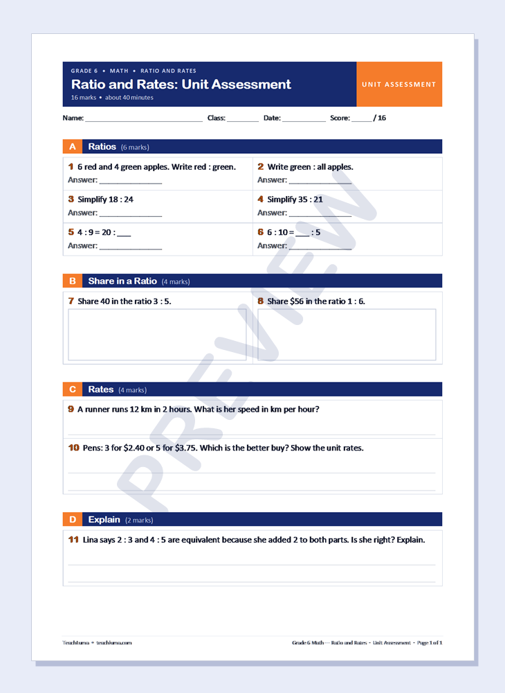 Preview of Grade 6 Math Unit Assessment: Ratio and Rates (16 Marks)