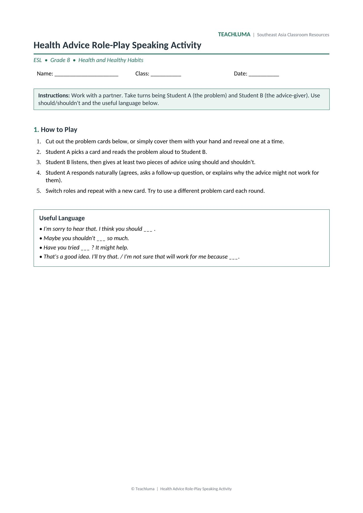 Health Advice Role-Play Speaking Activity