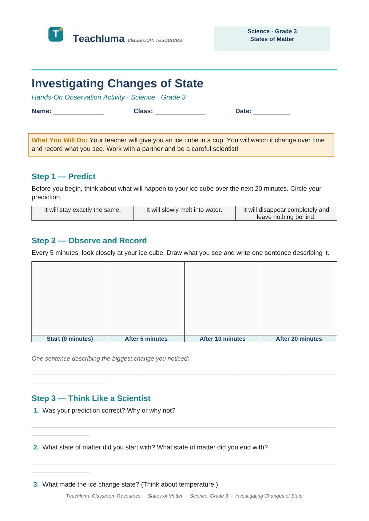 Grade 3 Investigating Changes of State: Observation Activity