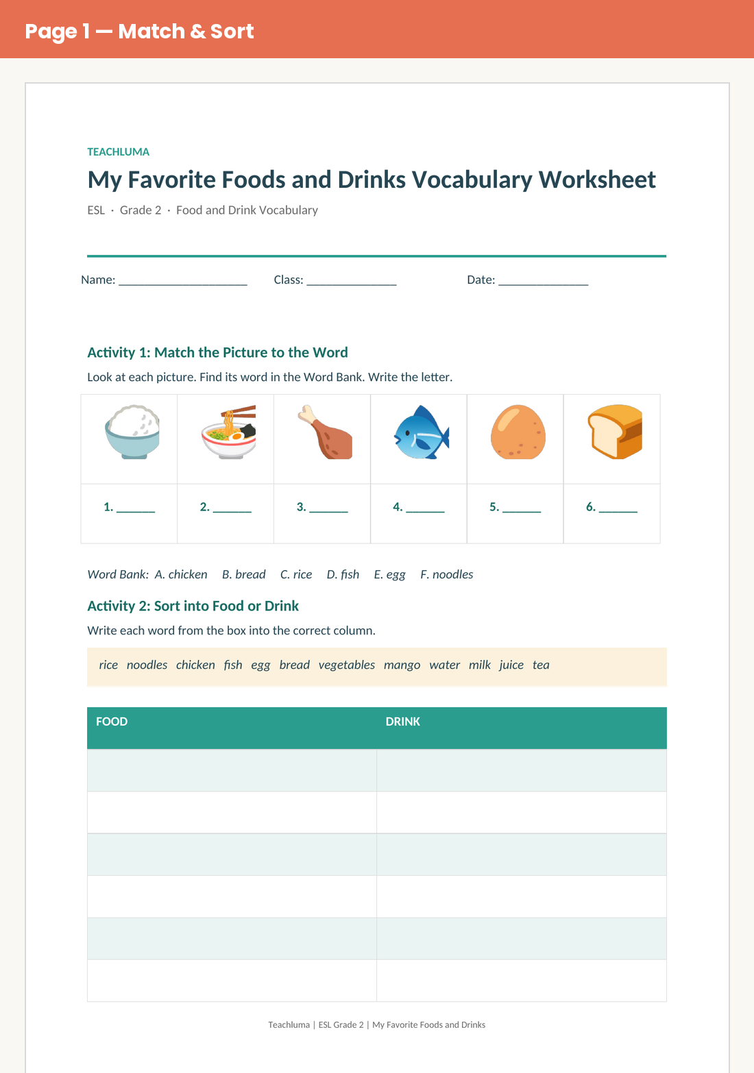 Grade 2 My Favorite Foods and Drinks Vocabulary Worksheet