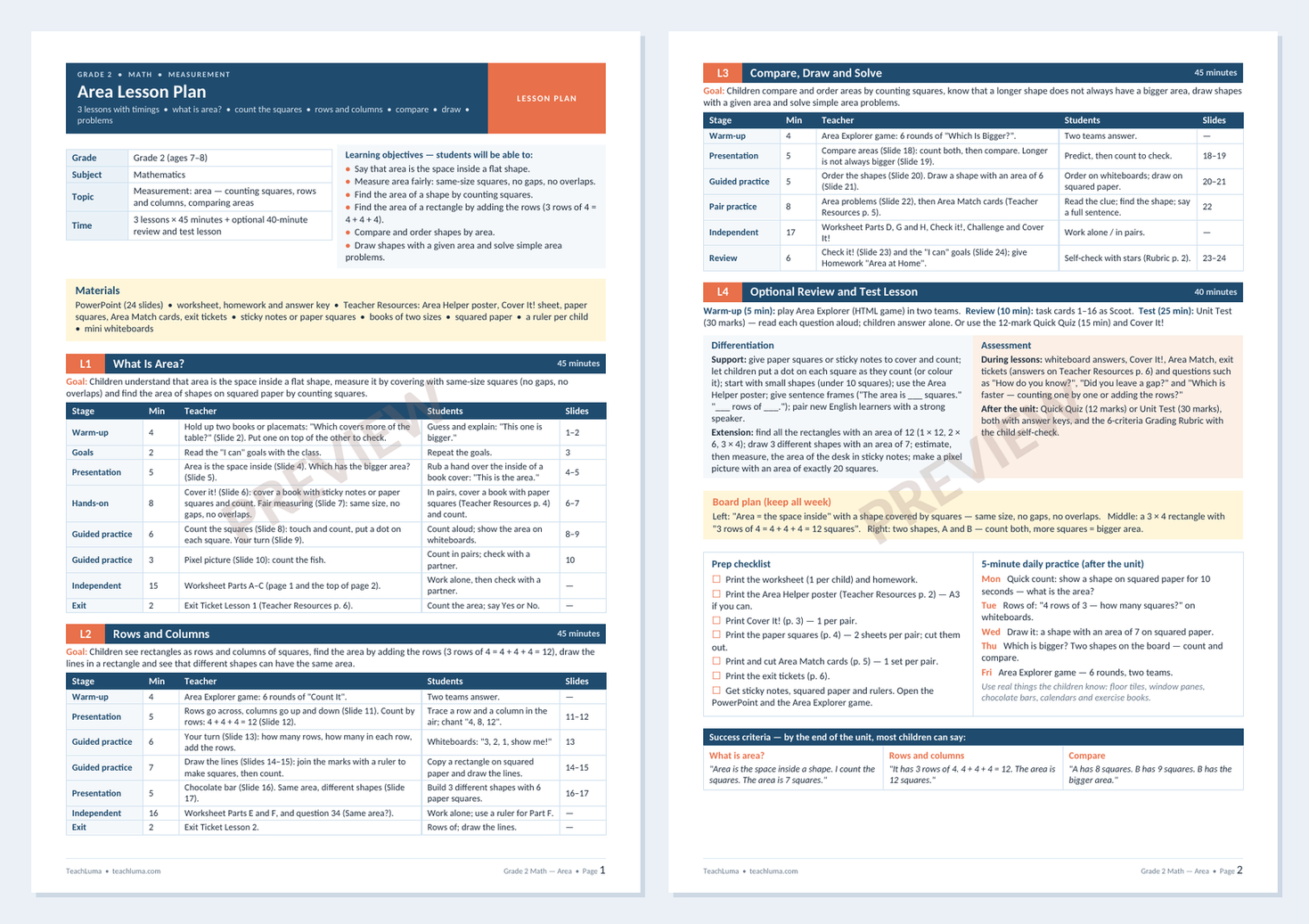 Preview of Grade 2 Math Lesson Plan: Area — 3 Lessons with Timings