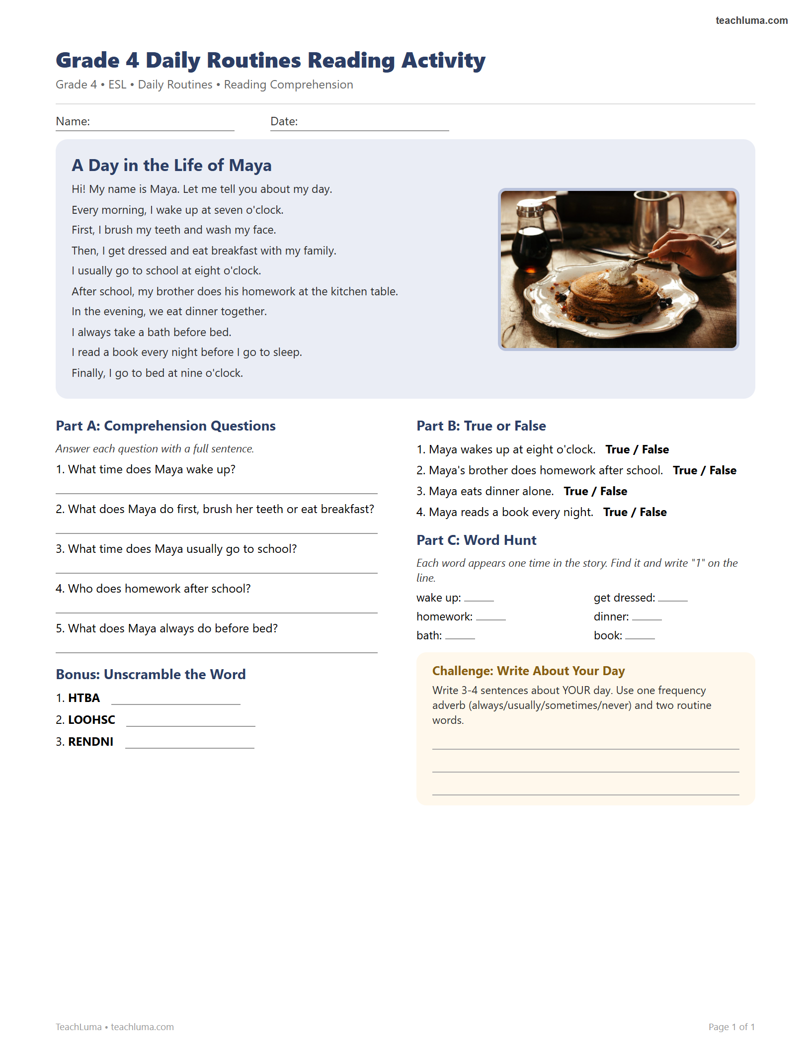 Preview of Grade 4 Daily Routines Reading Activity