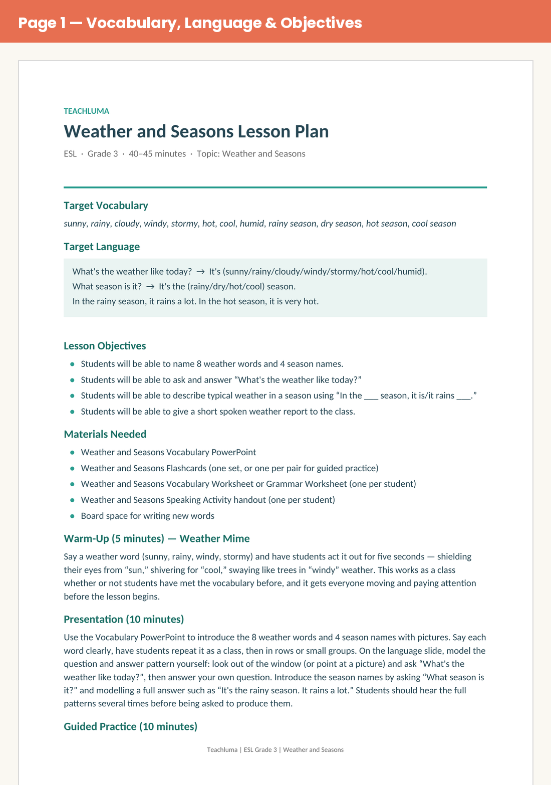 Grade 3 Weather and Seasons Lesson Plan
