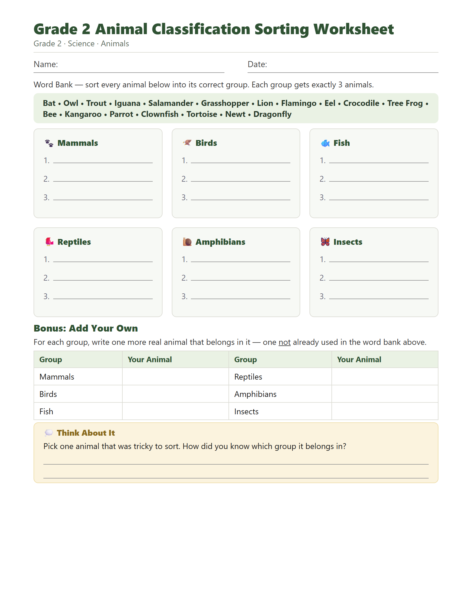Preview of Grade 2 Animal Classification Sorting Worksheet