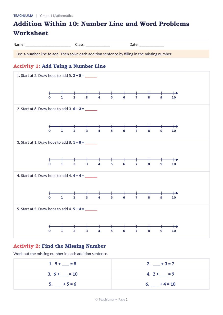 Grade 1 Addition Within 10: Number Line and Word Problems Worksheet