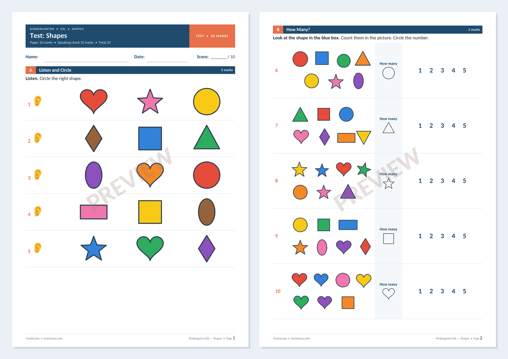 Preview of Kindergarten ESL Test: Shapes — Paper and Speaking Check (20 Marks)