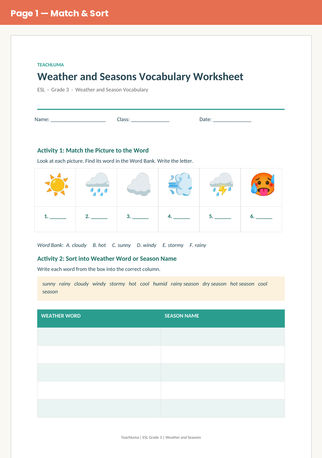 Grade 3 Weather and Seasons Vocabulary Worksheet