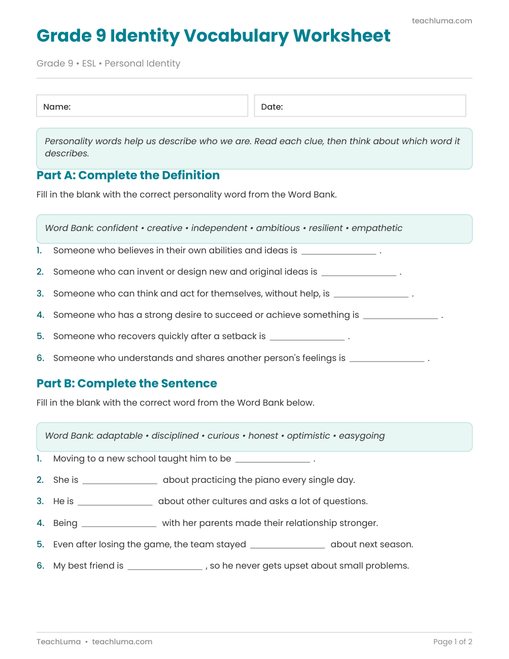Preview of Grade 9 Identity Vocabulary Worksheet (with Answer Key)