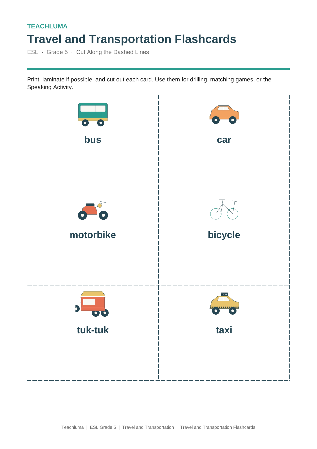 Grade 5 Travel and Transportation Flashcards (12 Cards)