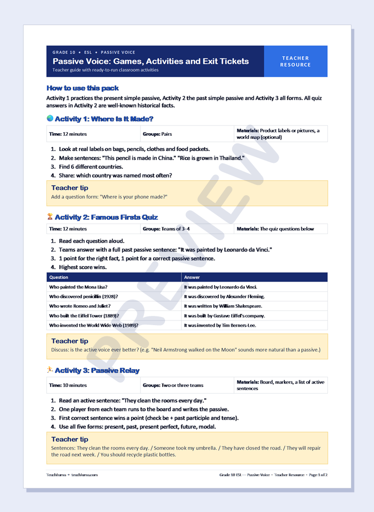 Preview of Grade 10 ESL Teacher Resources: Passive Voice — Games, Activities and Exit Tickets
