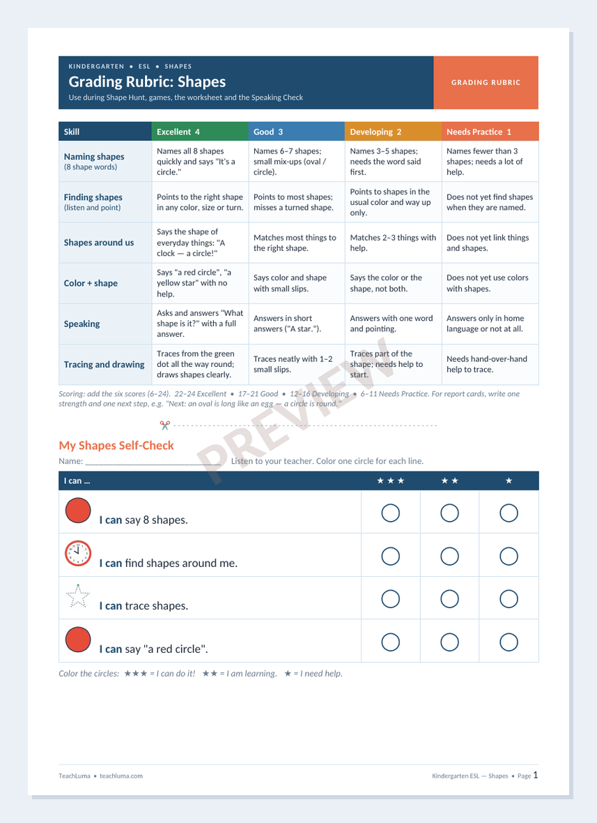 Preview of Kindergarten ESL Grading Rubric: Shapes — Naming, Finding, Speaking and Tracing
