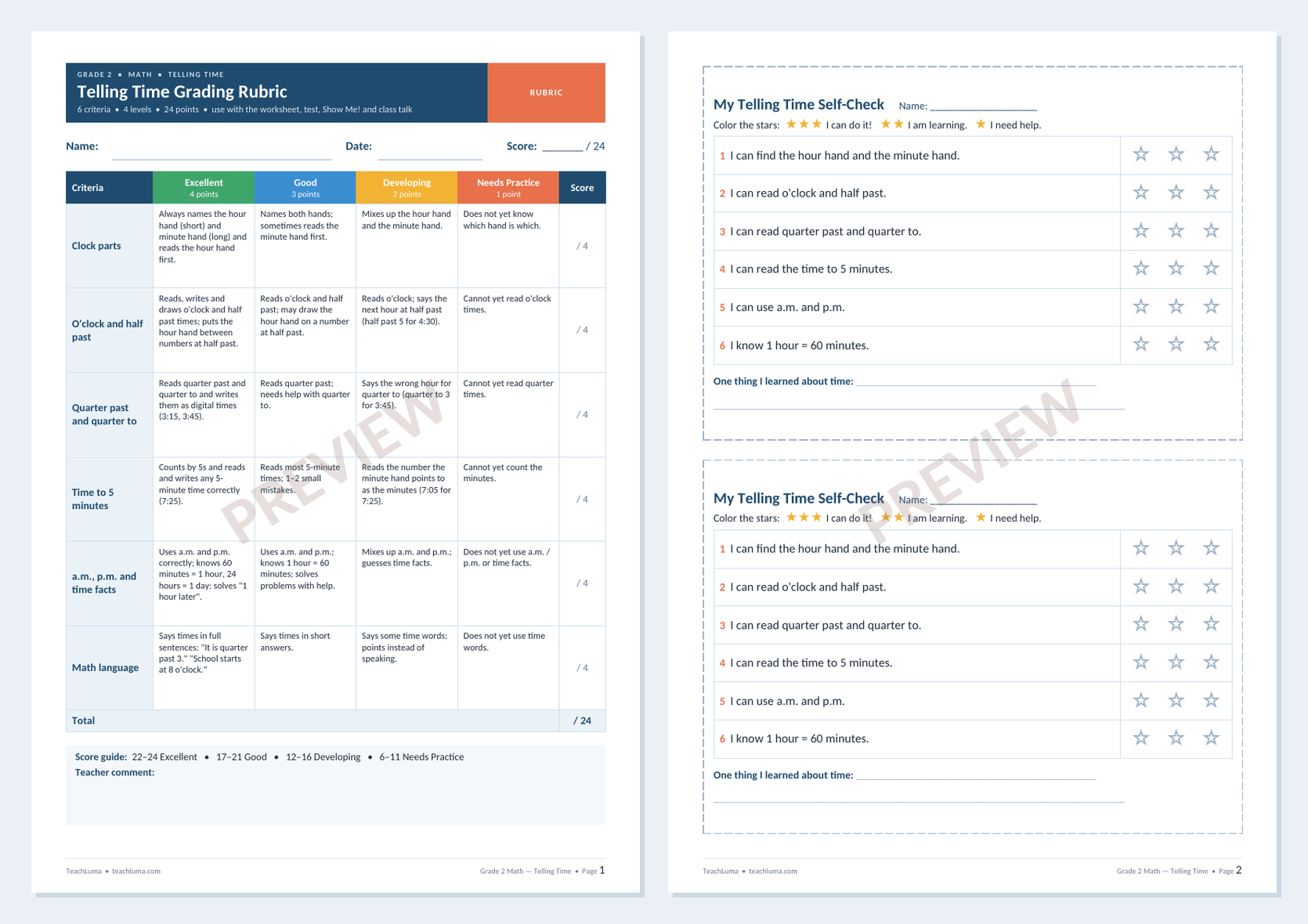 Preview of Grade 2 Math Grading Rubric: Telling Time + Student Self-Check