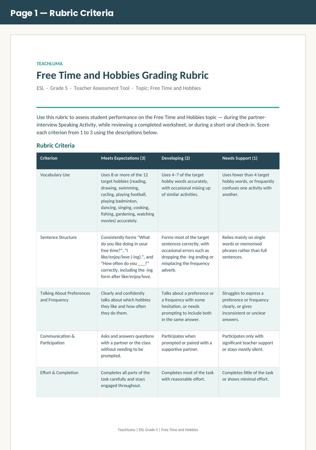 Grade 5 Free Time and Hobbies Grading Rubric