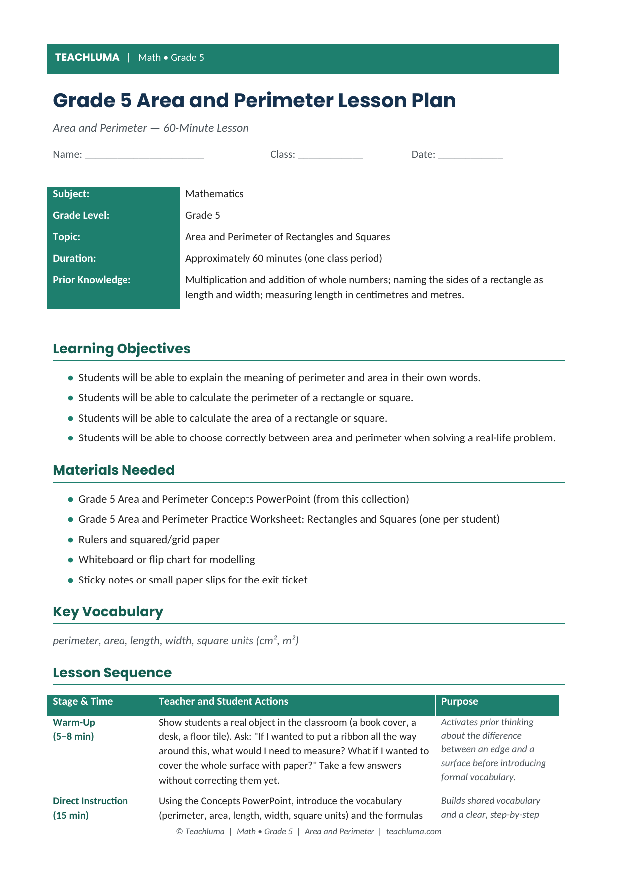 Grade 5 Area and Perimeter Lesson Plan