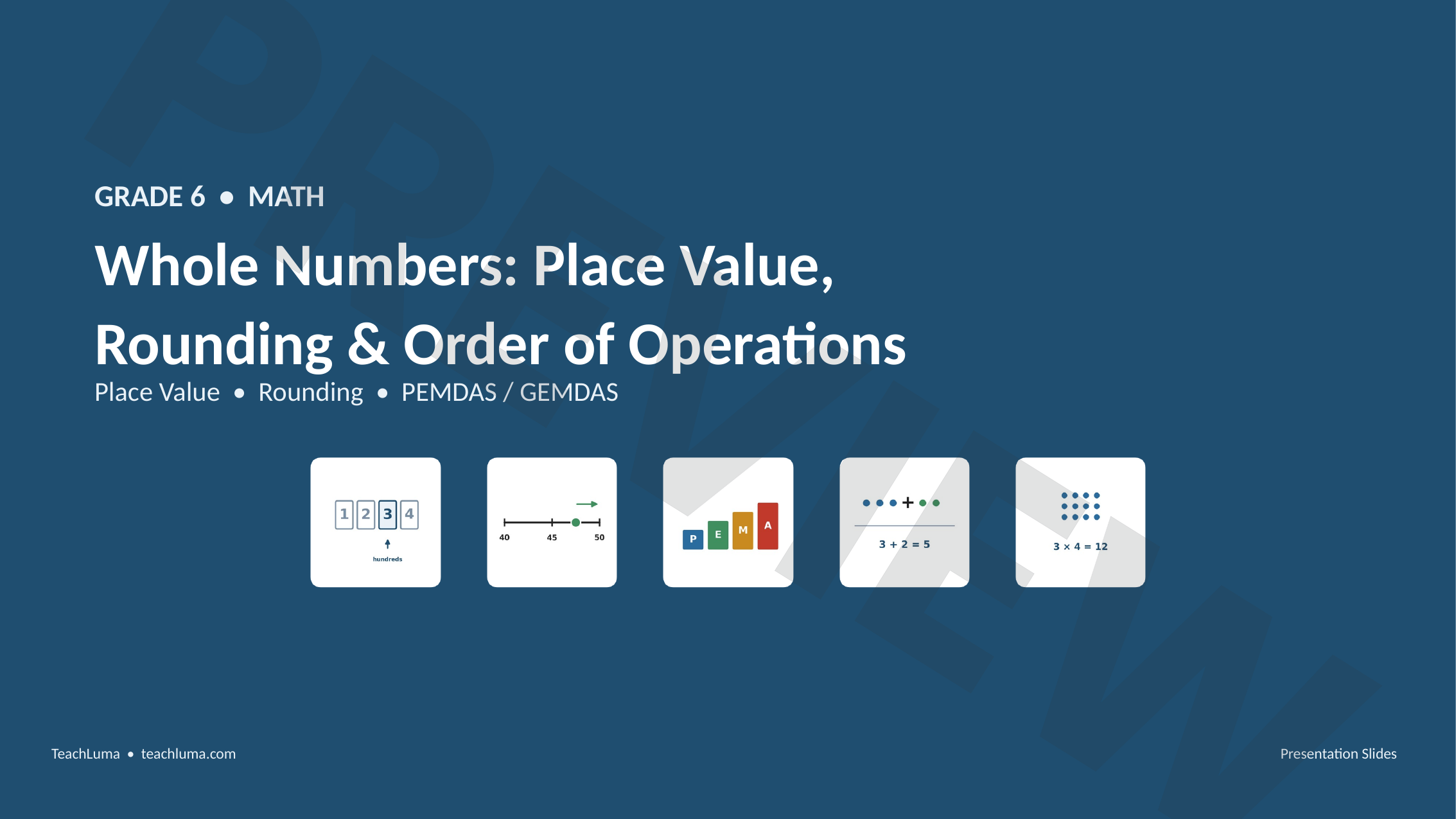 Preview of Grade 6 Math PowerPoint: Whole Numbers — Place Value, Rounding & Order of Operations