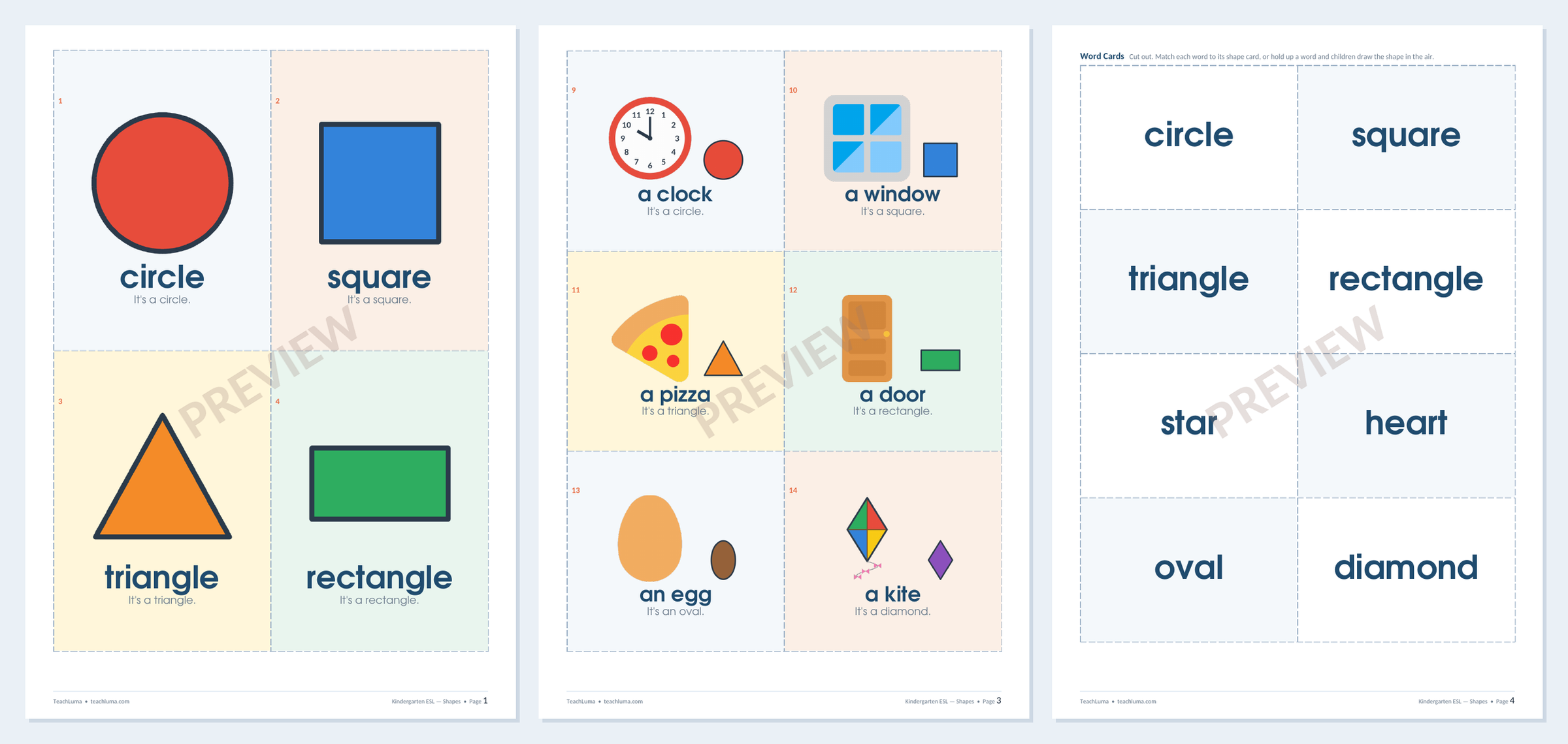 Preview of Kindergarten ESL Flashcards: Shapes — 8 Shape Cards, Shapes Around Us + Word Cards