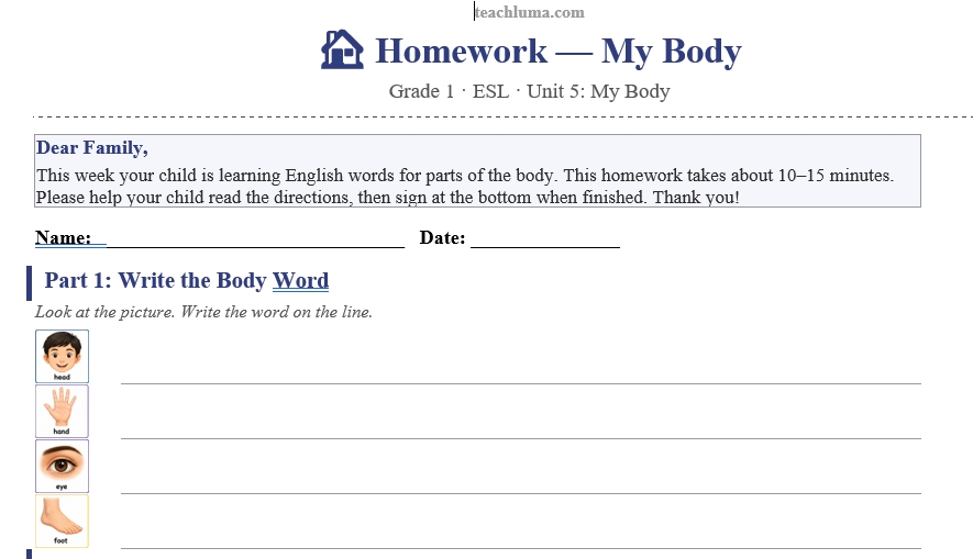 My Body Homework