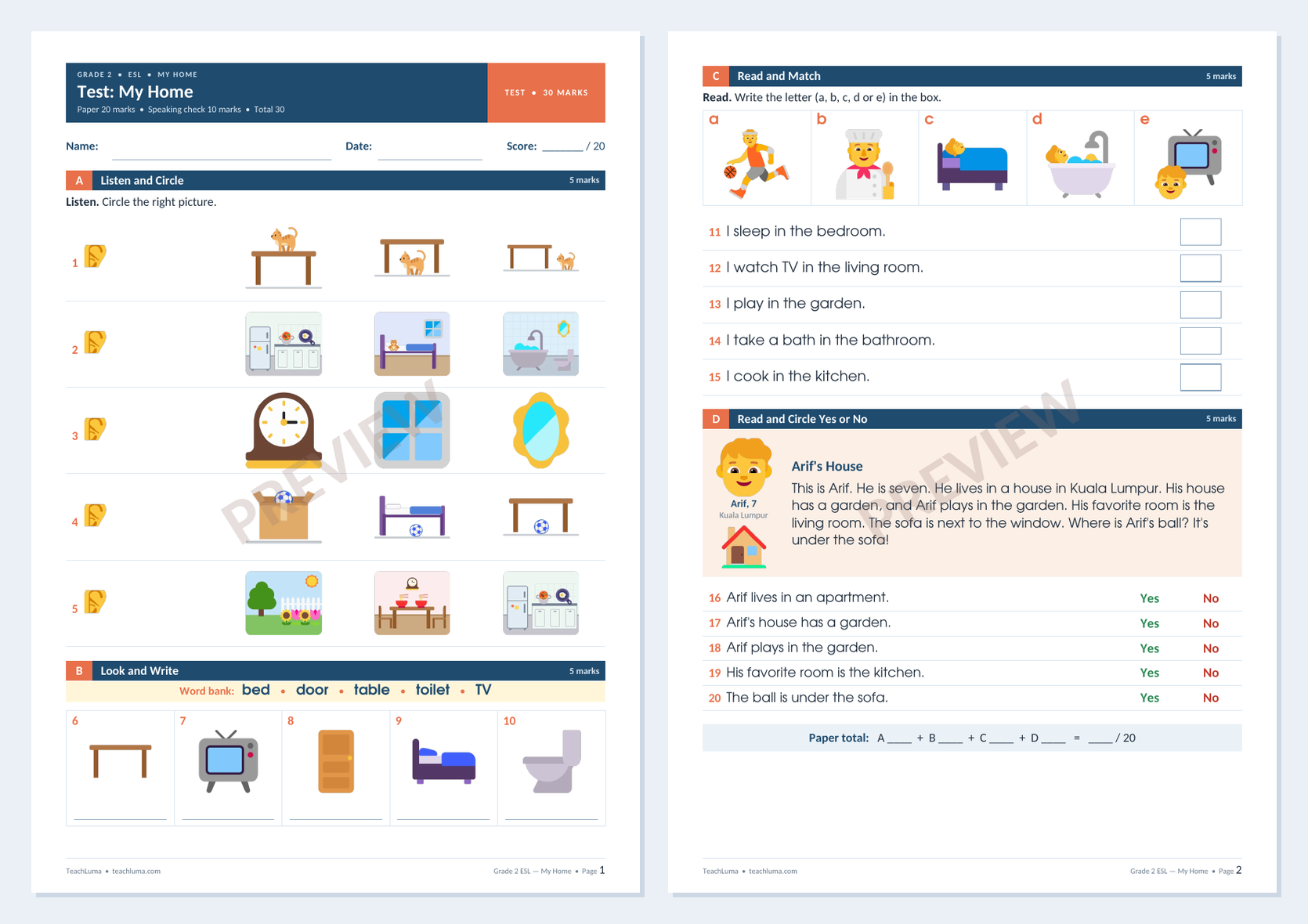 Preview of Grade 2 ESL Test: My Home — Paper and Speaking Check (30 Marks)