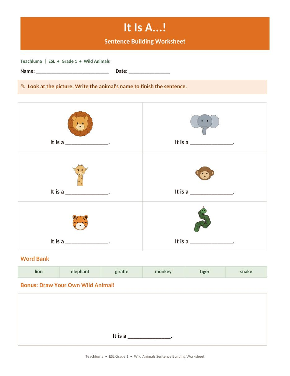 It Is A...! — Sentence Building Worksheet