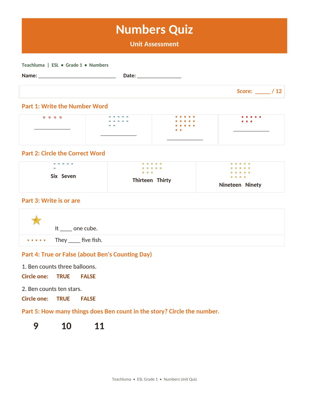 Numbers — Unit Quiz / Assessment
