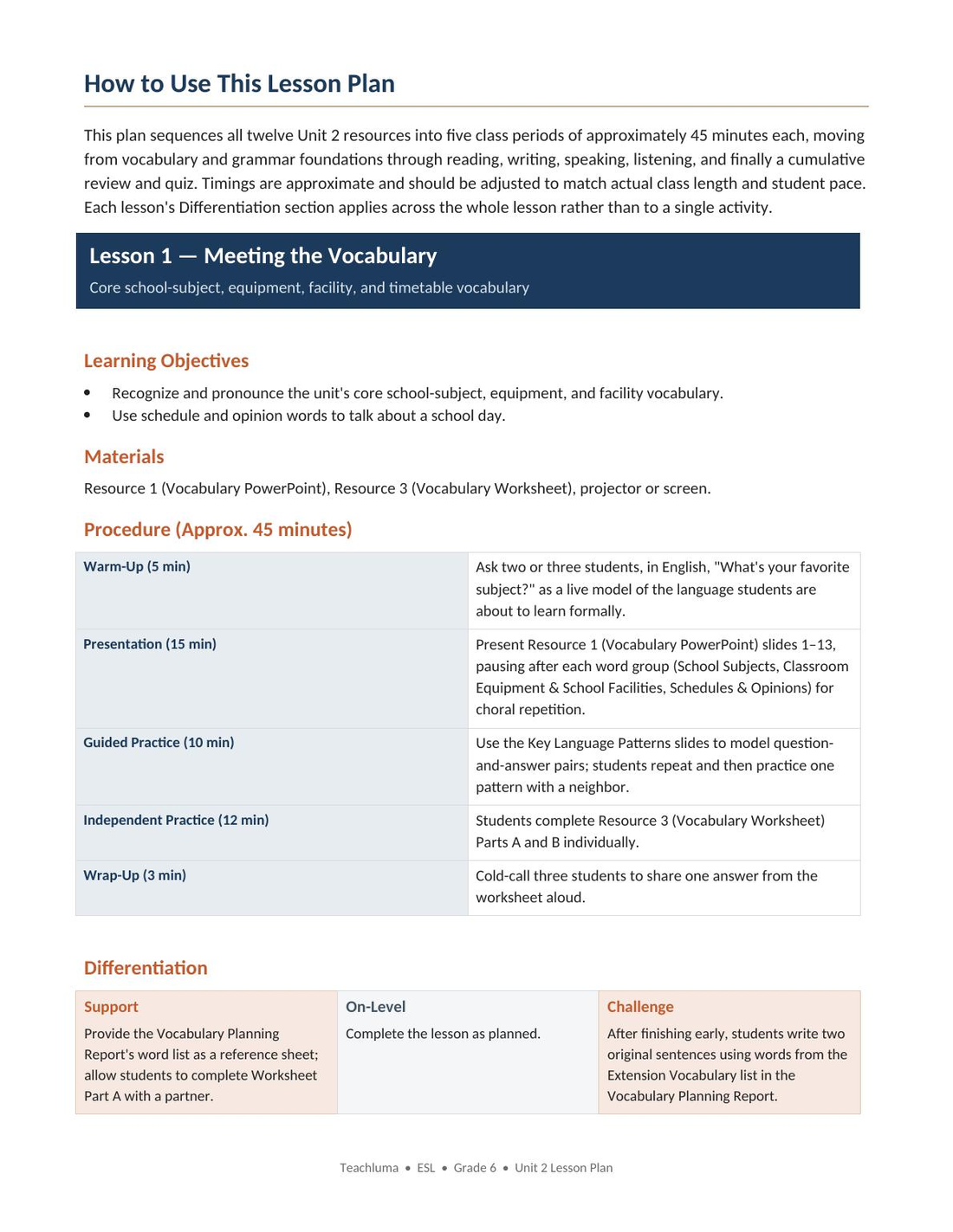 Lesson Plan | ESL | Grade 6 | Unit 2: School Life & Learning Skills