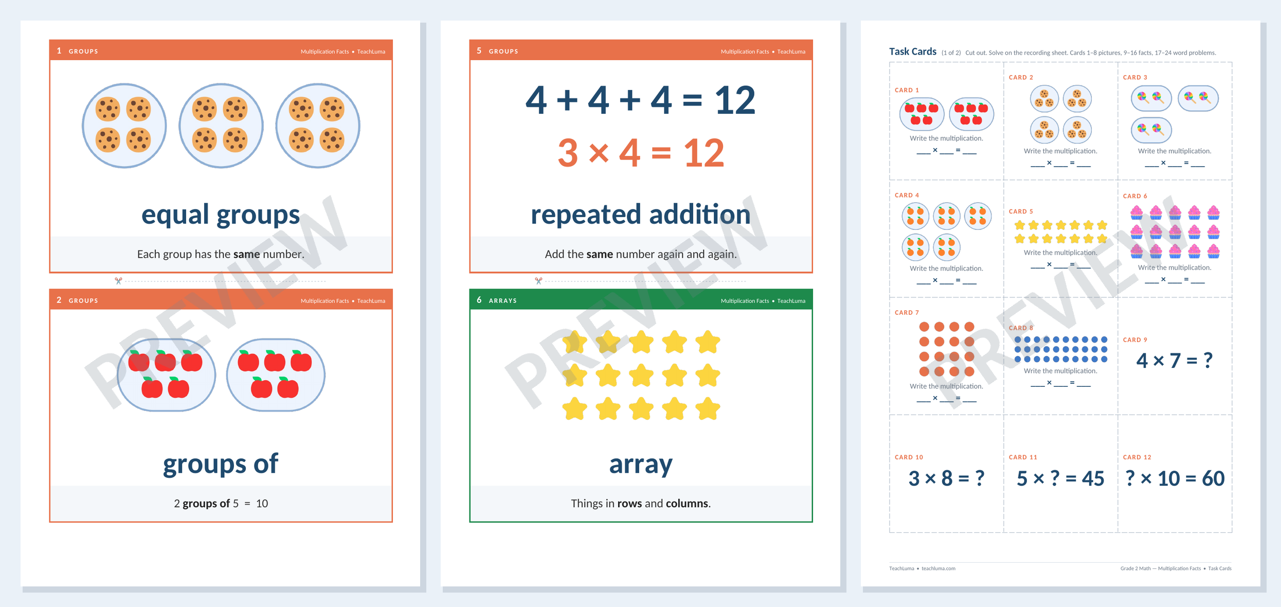 Preview of Grade 2 Math Flashcards and Task Cards: Multiplication Facts