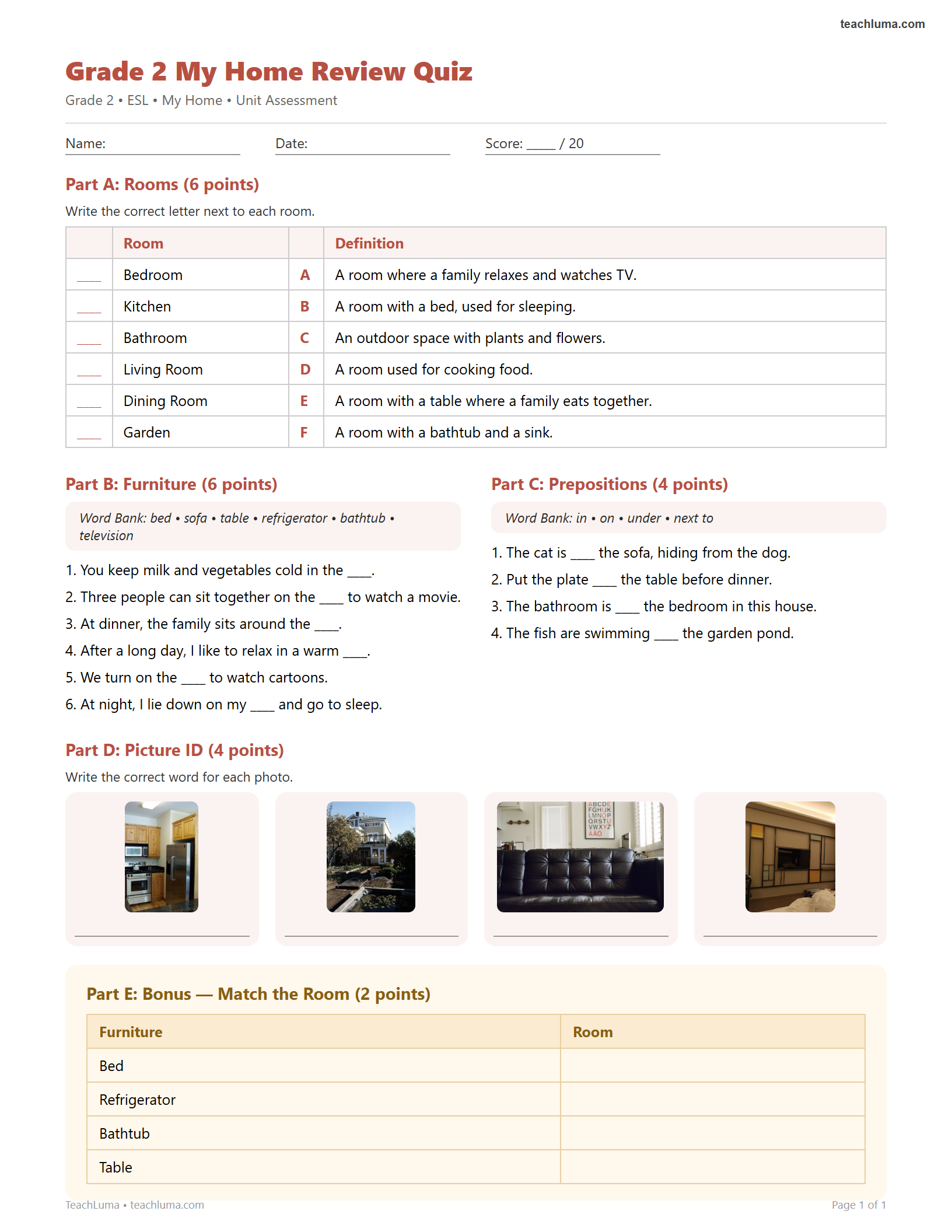 Preview of Grade 2 My Home Review Quiz