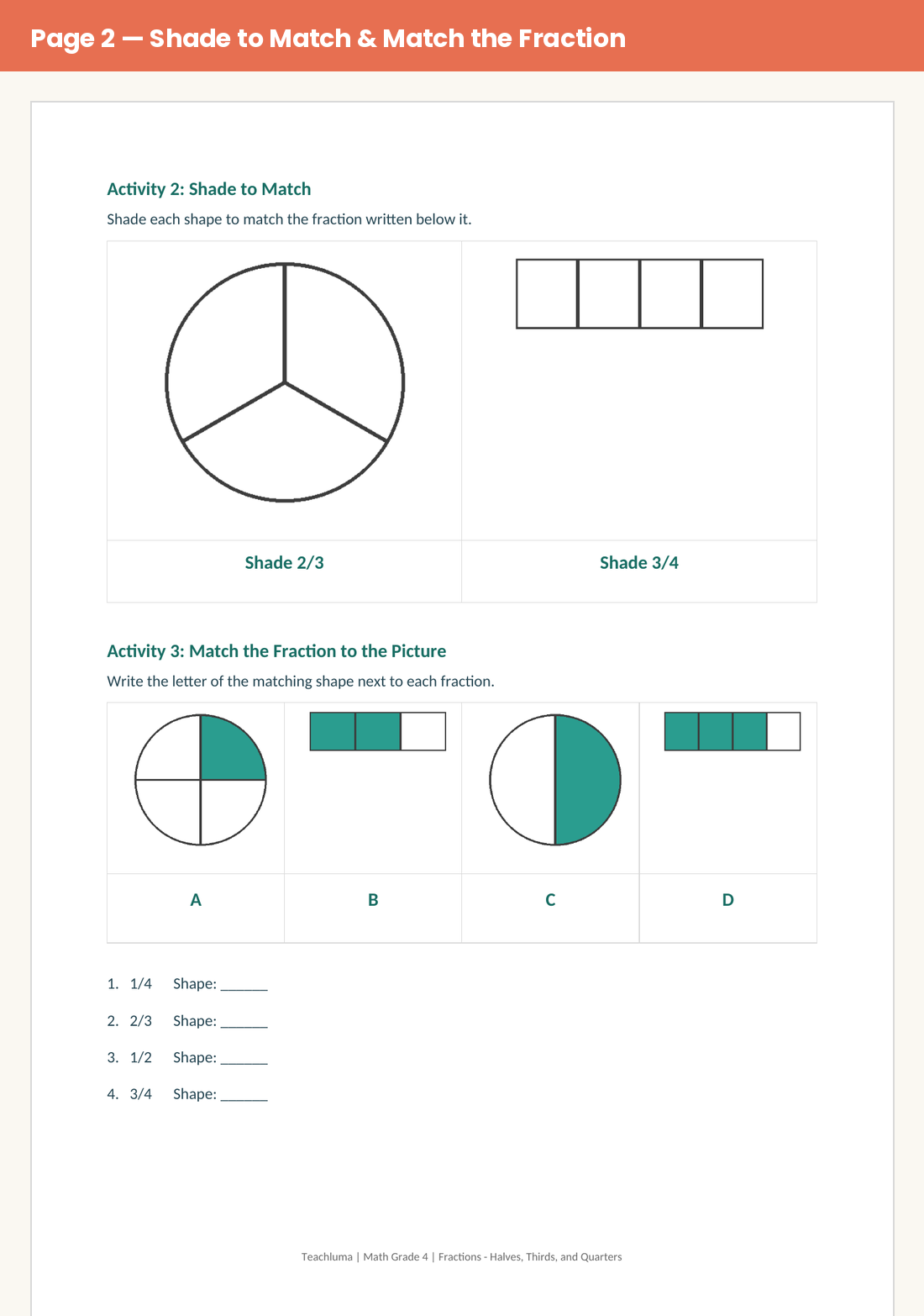Grade 4 Fractions Worksheet: Shade, Name, and Match
