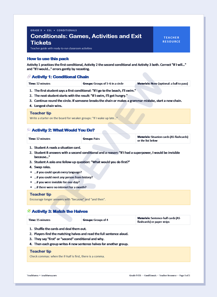 Preview of Grade 9 ESL Teacher Resources: Conditionals — Games, Activities and Exit Tickets