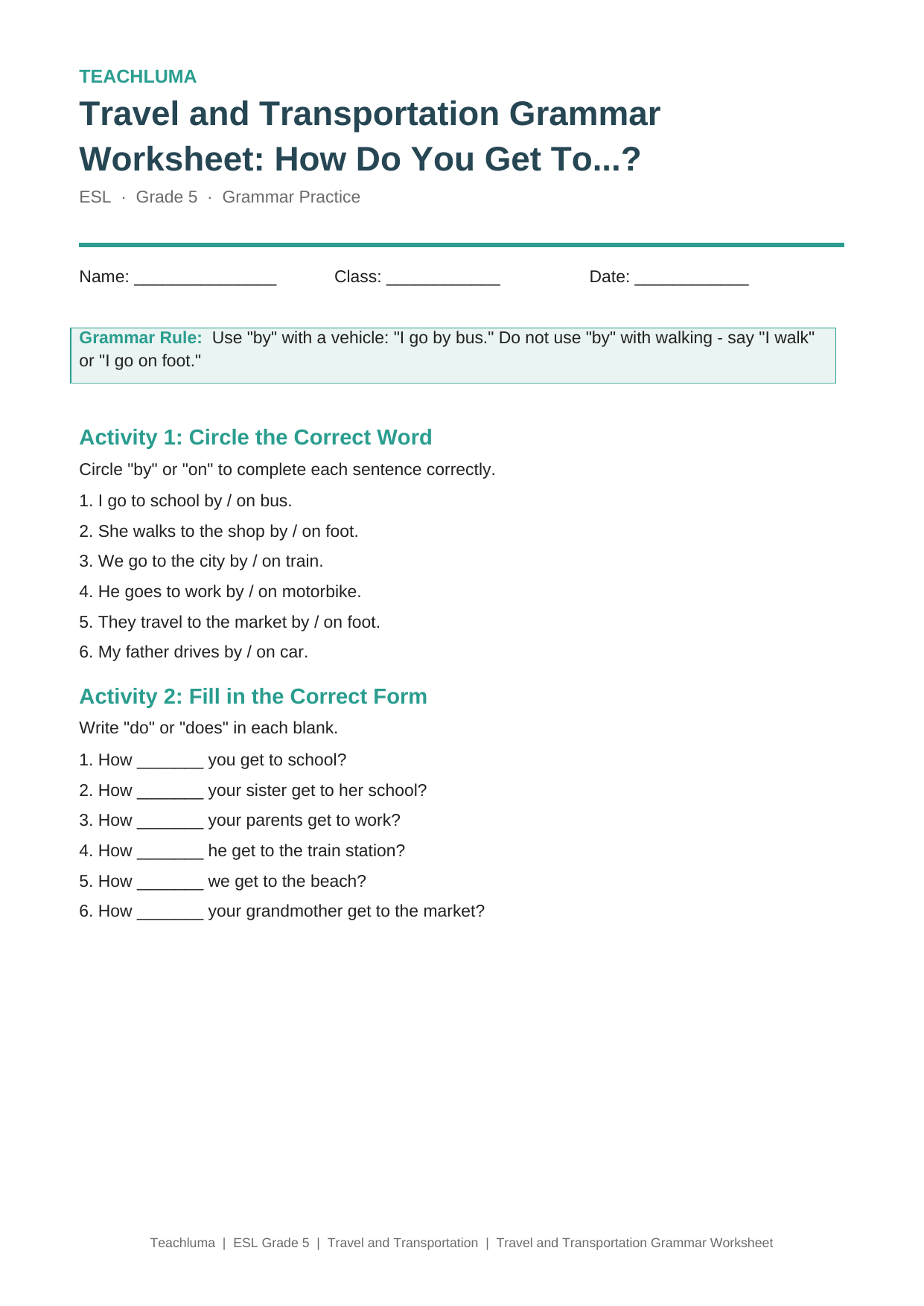 Grade 5 Travel and Transportation Grammar Worksheet: How Do You Get To...?
