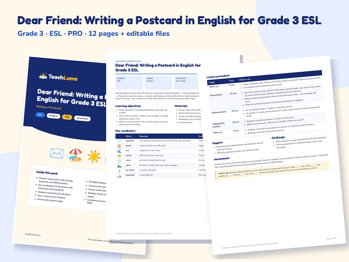 Preview of Dear Friend: Writing a Postcard in English for Grade 3 ESL