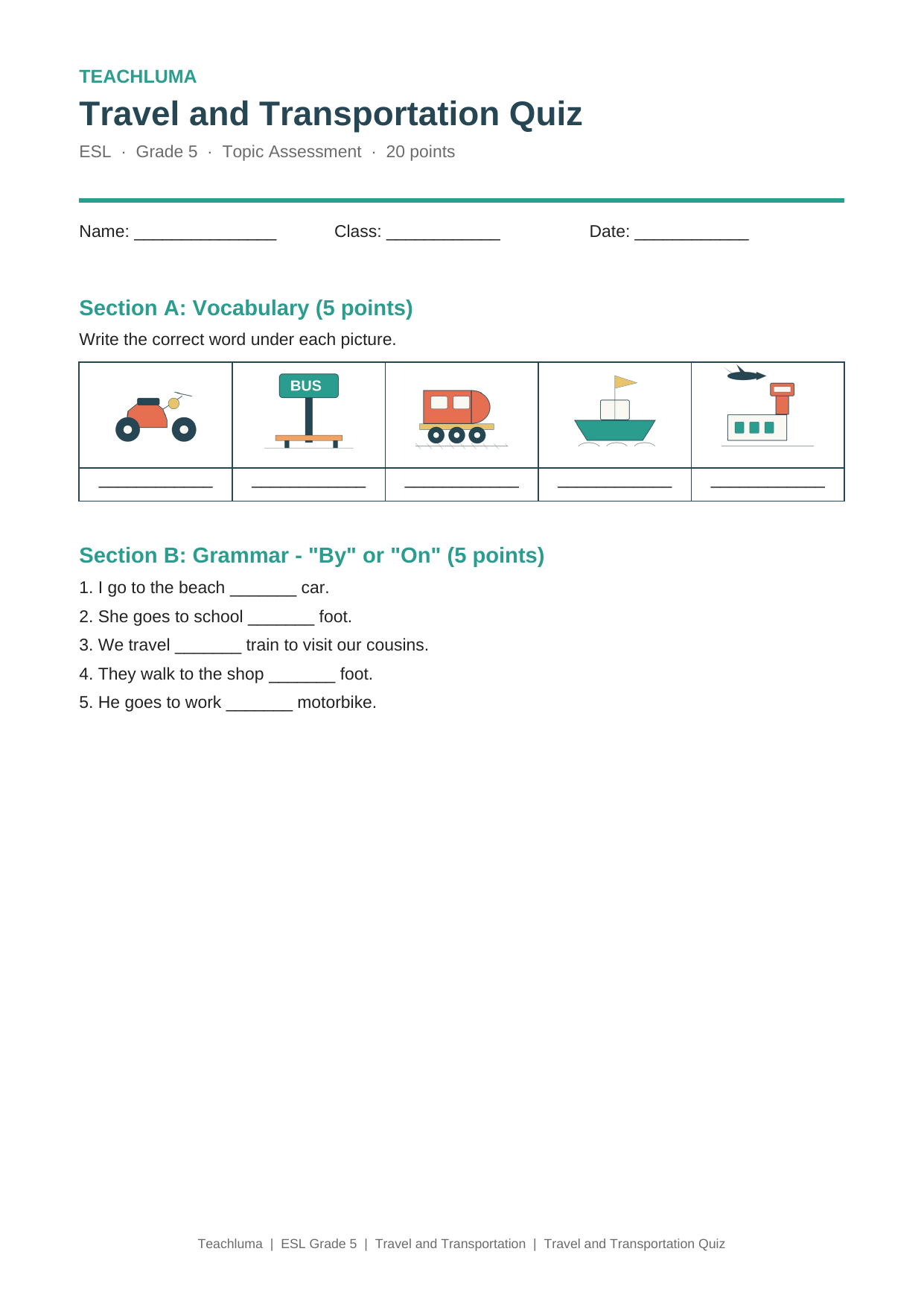 Grade 5 Travel and Transportation Quiz