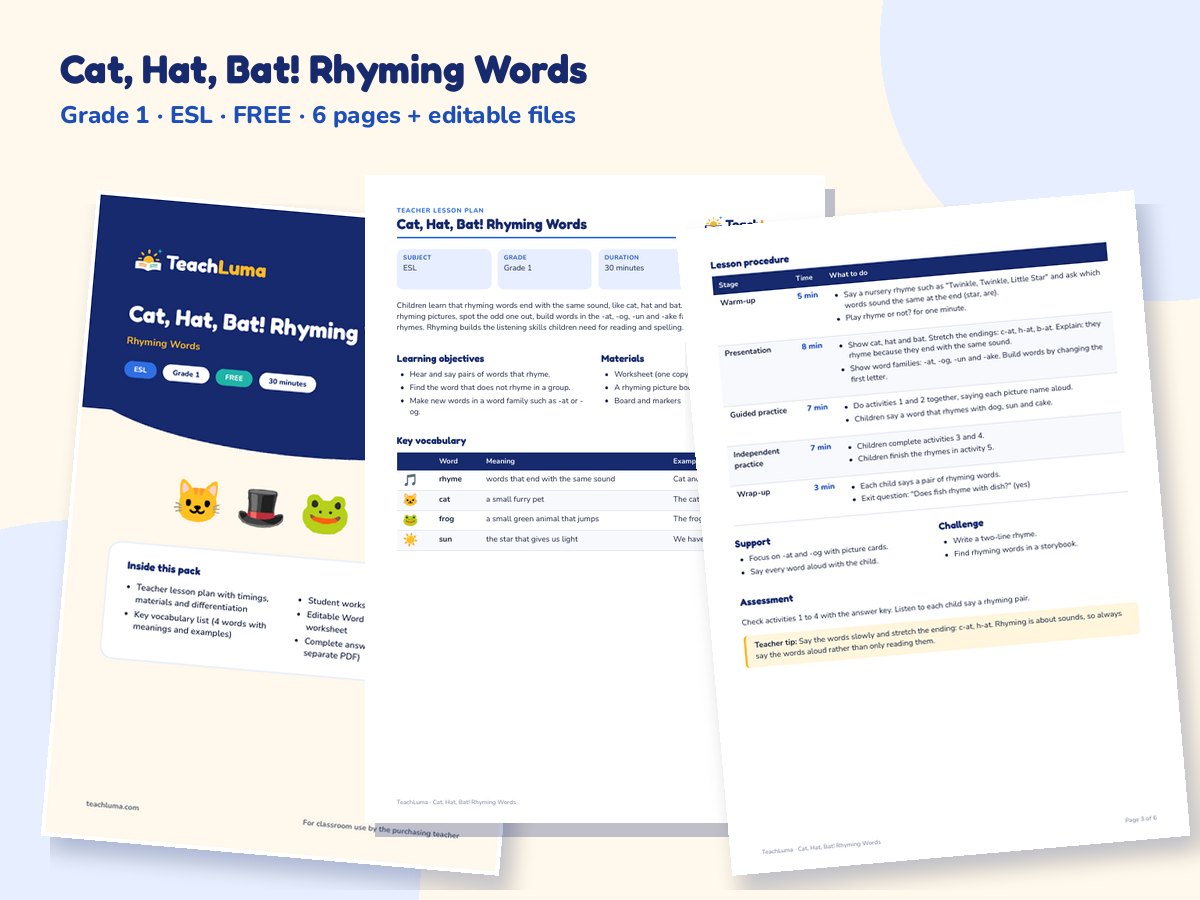 Preview of Cat, Hat, Bat! Rhyming Words