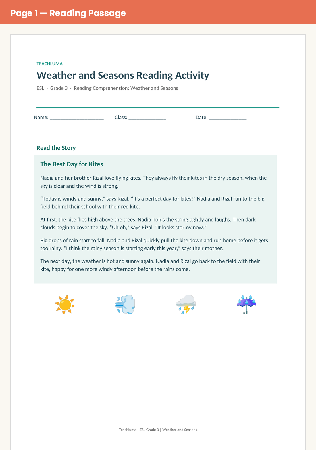 Grade 3 Weather and Seasons Reading Activity: The Best Day for Kites