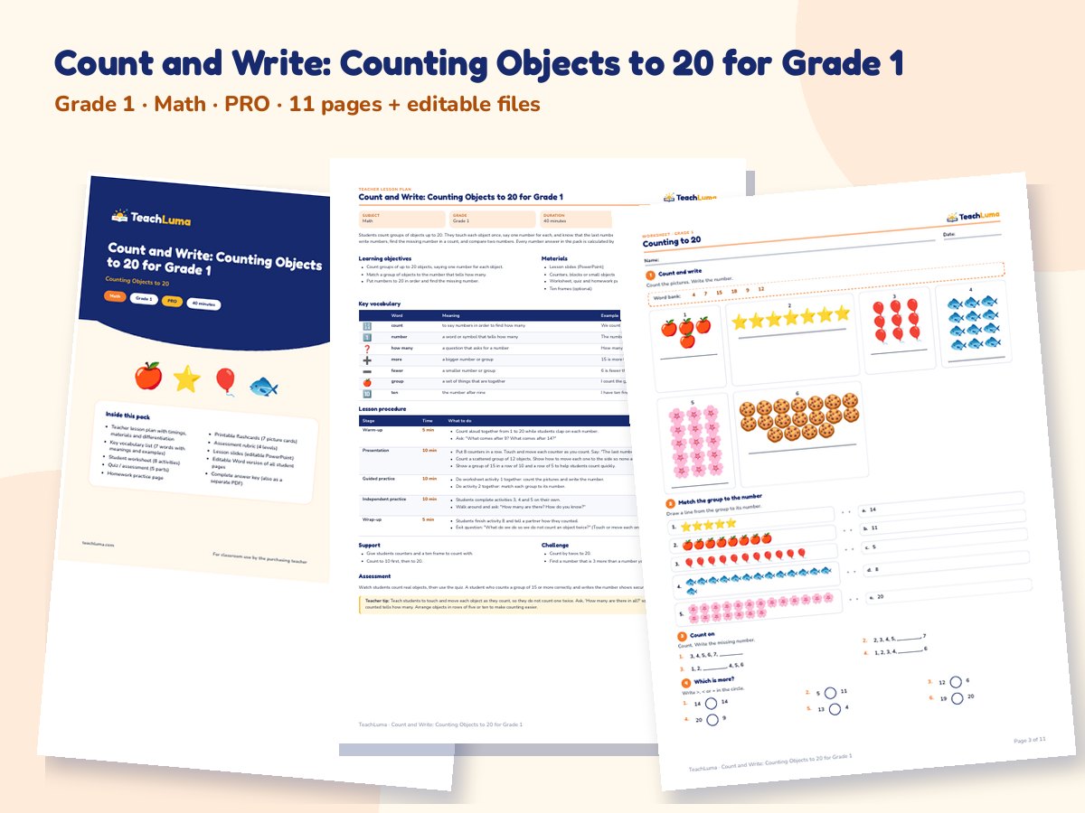 Preview of Count and Write: Counting Objects to 20 for Grade 1