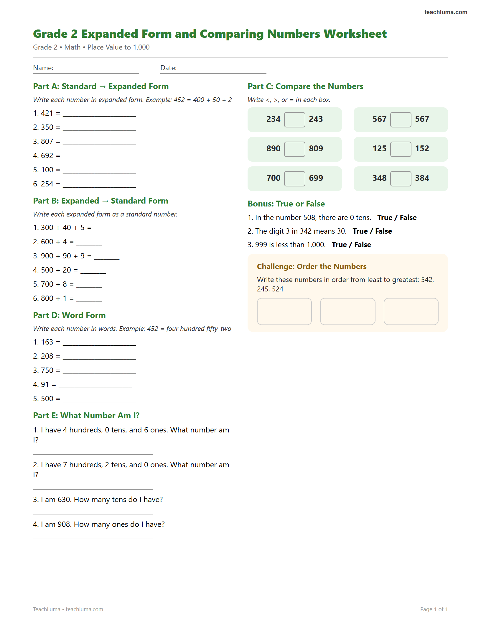 Preview of Grade 2 Expanded Form and Comparing Numbers Worksheet