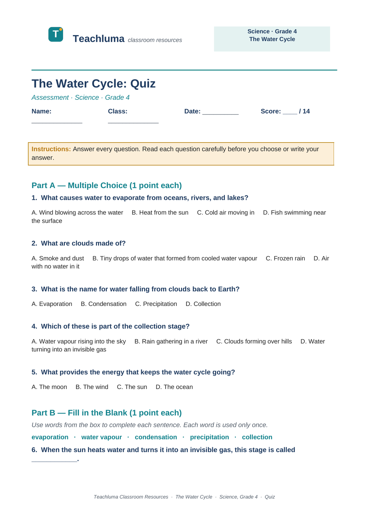 Grade 4 The Water Cycle Quiz