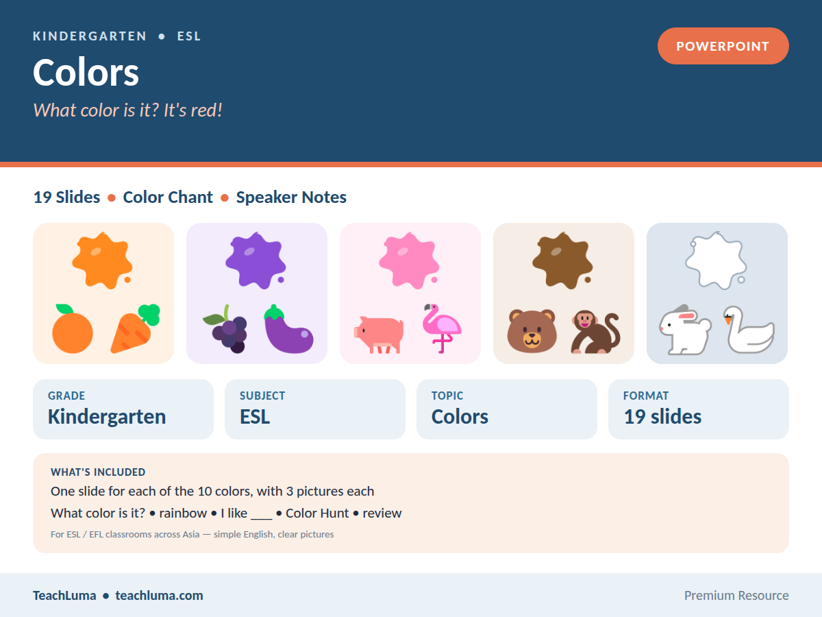 Kindergarten ESL PowerPoint: Colors — 10 Colors, What Color Is It? and the Rainbow