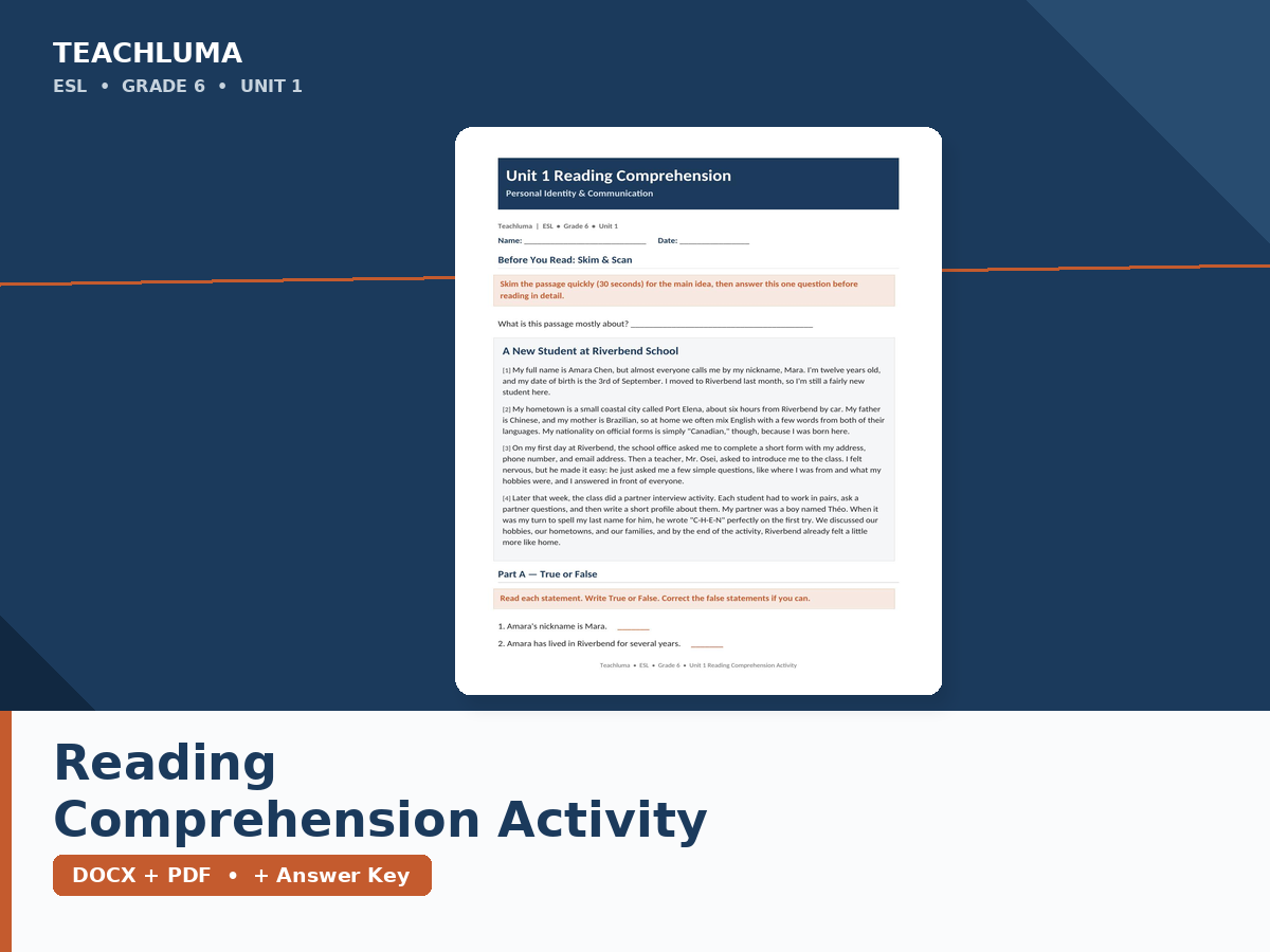 Unit 1 Reading Comprehension Activity — A New Student at Riverbend School