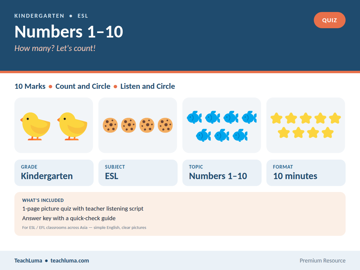 Kindergarten ESL Quiz: Numbers 1–10 — Count and Circle, Listen and Circle