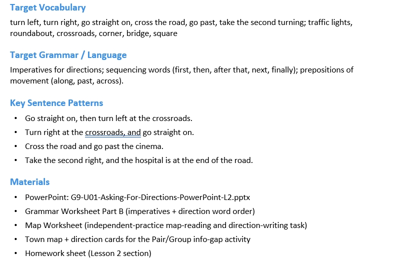 Asking for Directions Lesson 02 – Grade 9 ESL Lesson Plan