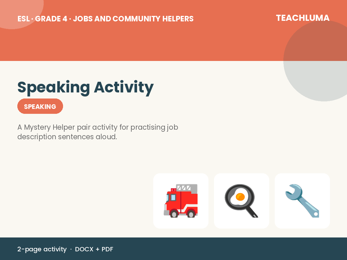 Grade 4 Jobs and Community Helpers Speaking Activity: Mystery Helper