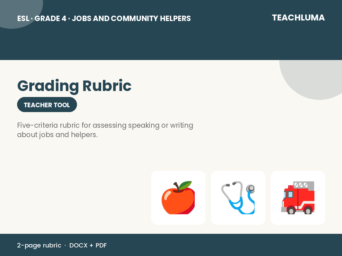 Grade 4 Jobs and Community Helpers Grading Rubric
