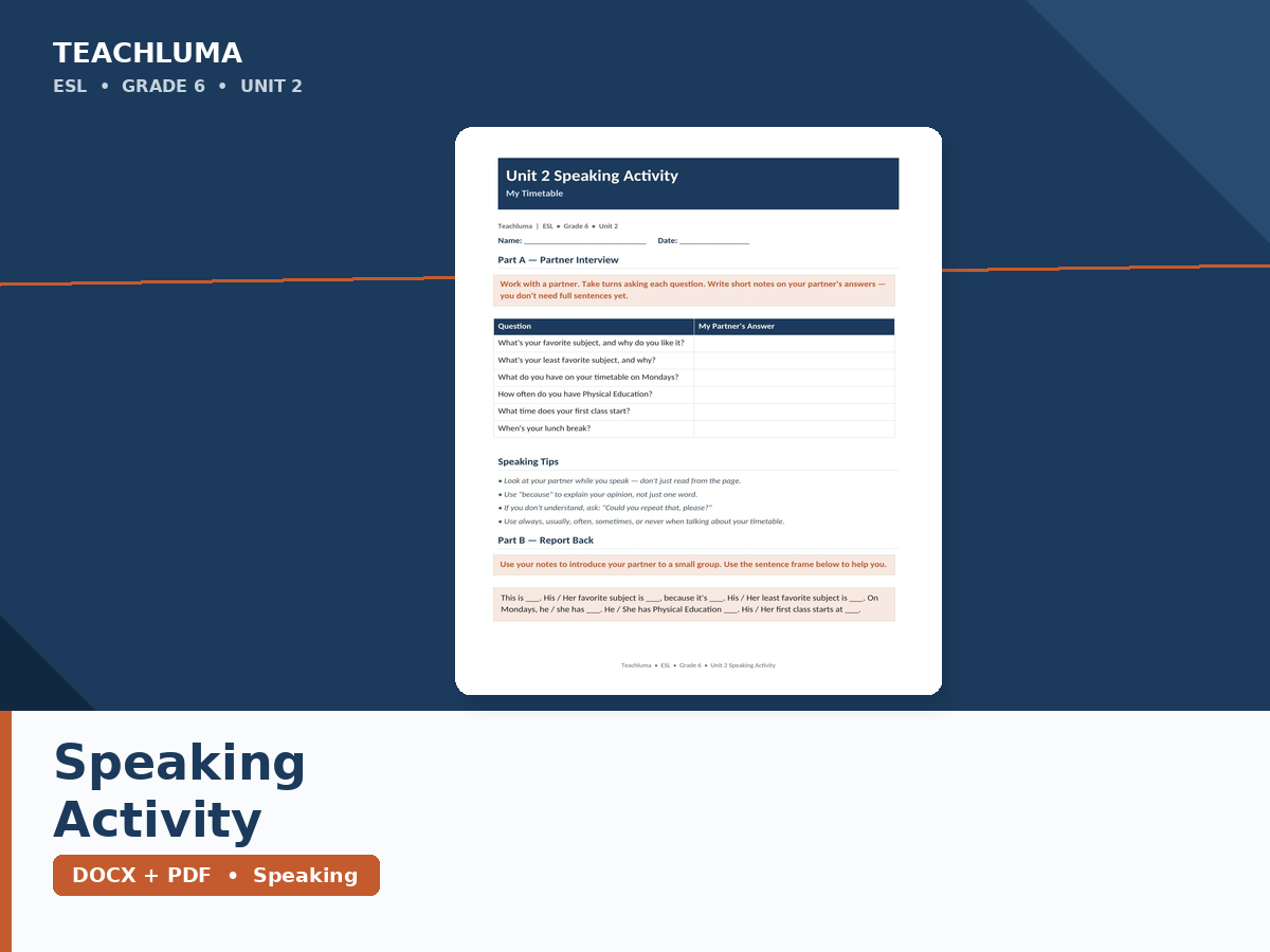 Unit 2 Speaking Activity — My Timetable