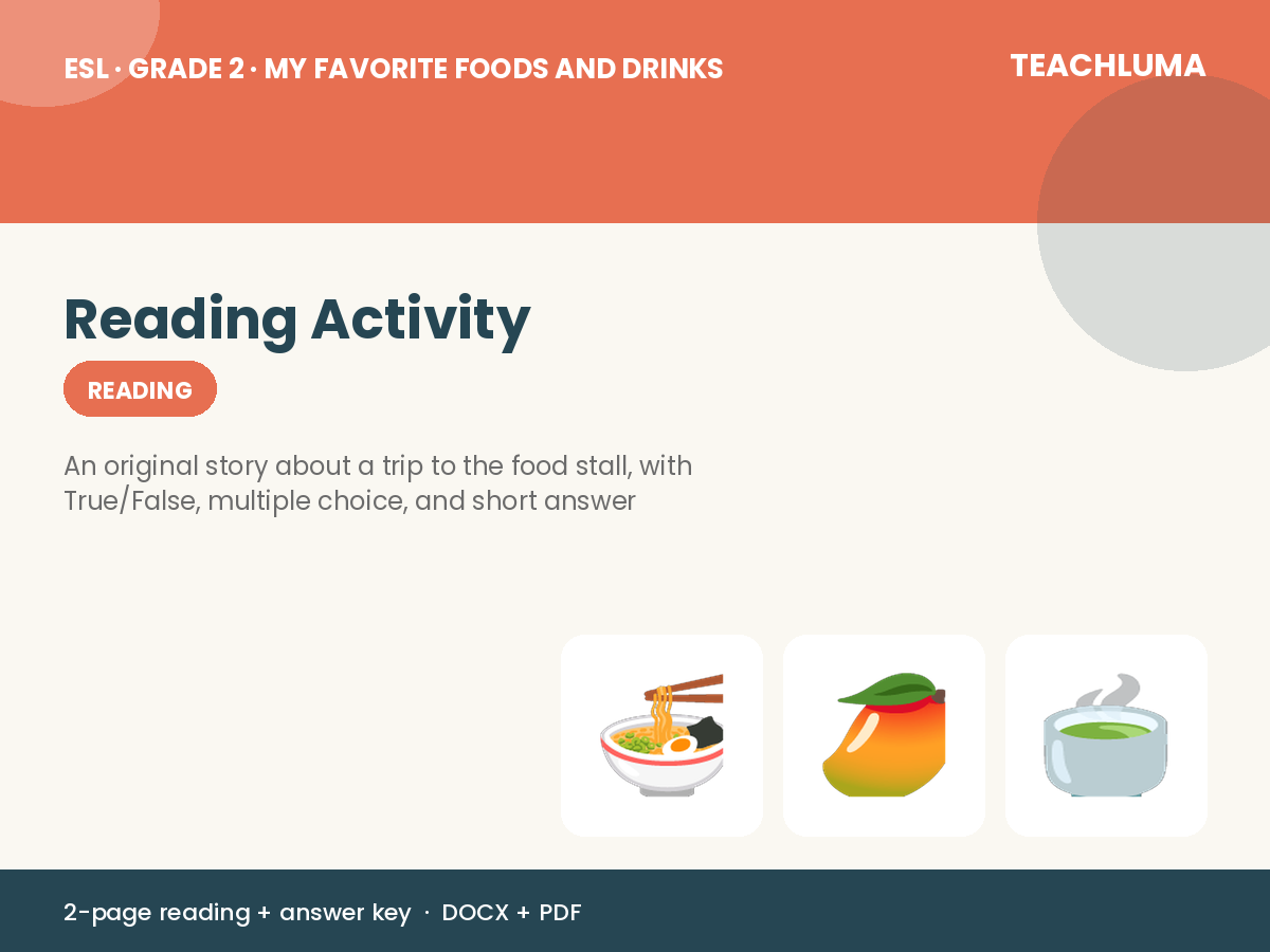 Grade 2 My Favorite Foods and Drinks Reading Activity: A Trip to the Food Stall