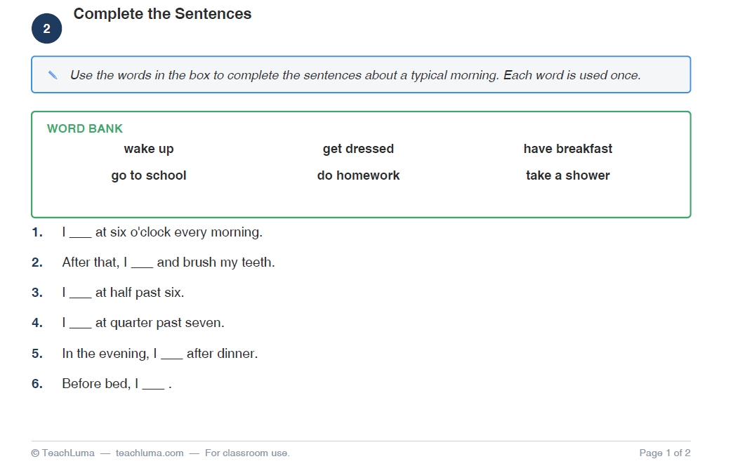 Daily Routine Vocabulary – Grade 7 ESL Worksheet