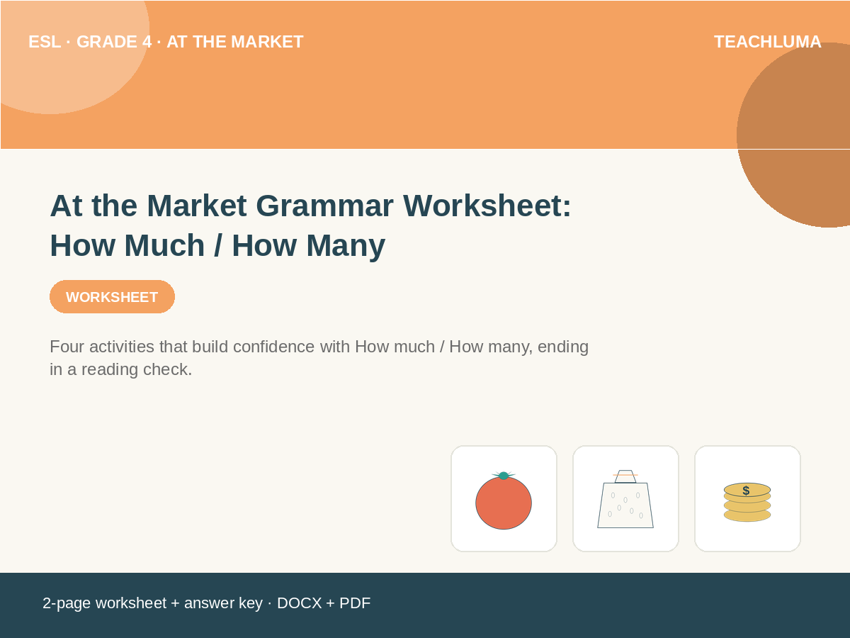 Grade 4 At the Market Grammar Worksheet: How Much / How Many