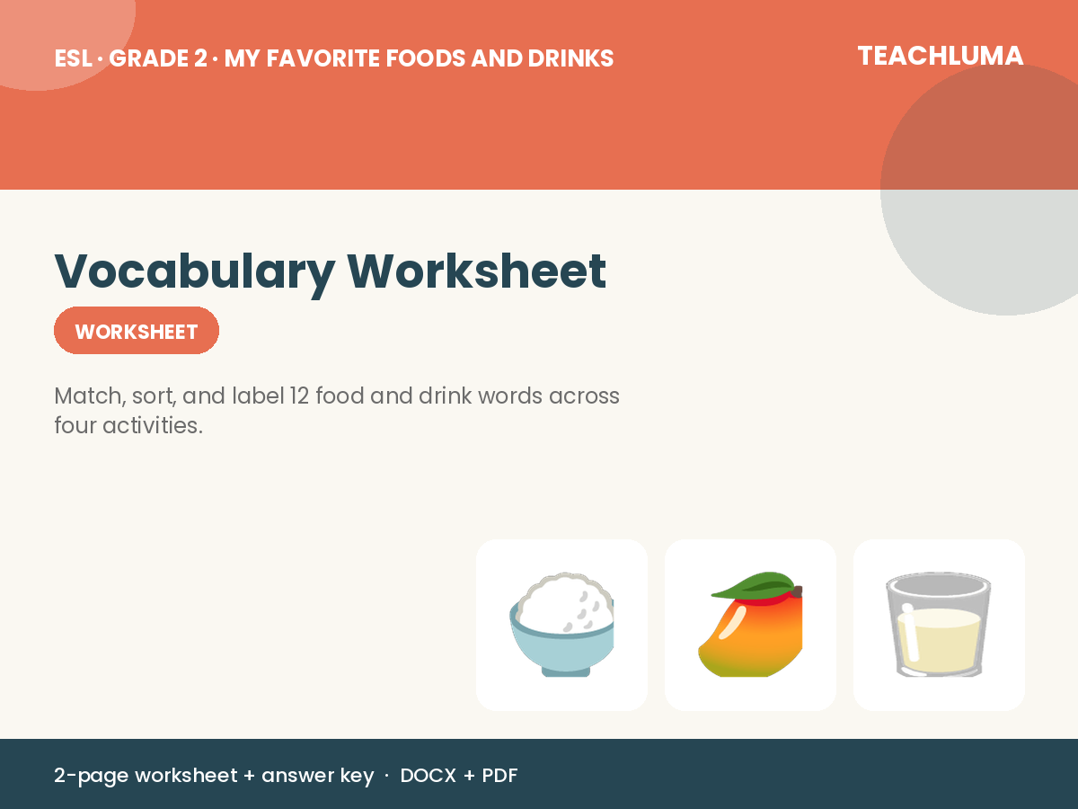 Grade 2 My Favorite Foods and Drinks Vocabulary Worksheet