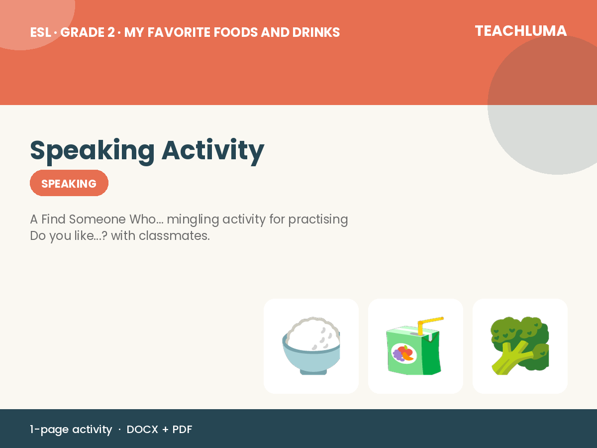 Grade 2 My Favorite Foods and Drinks Speaking Activity: Find Someone Who...