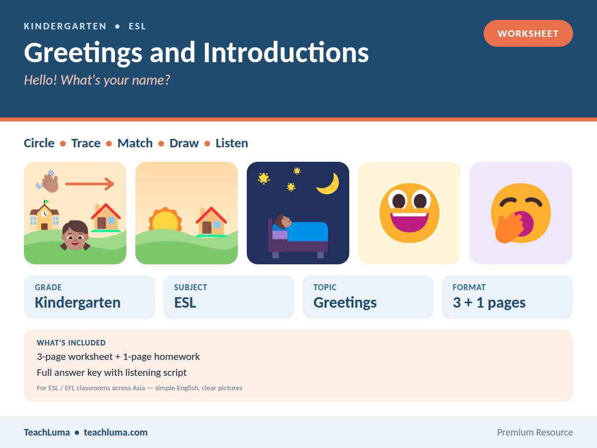 Kindergarten ESL Worksheet: Greetings and Introductions — Circle, Trace, Match and Draw